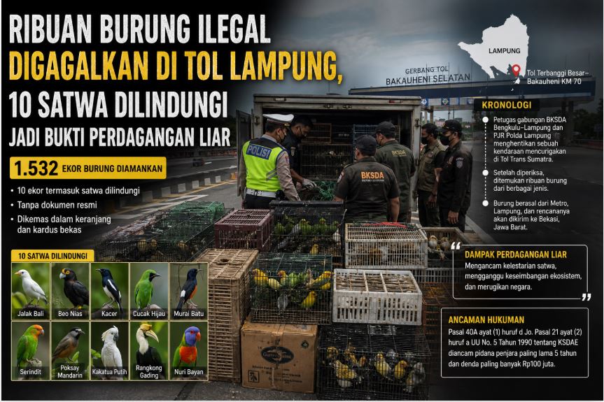 Ribuan Burung Ilegal Digagalkan di Tol Lampung, 10 Satwa Dilindungi jadi Bukti Perdagangan Liar