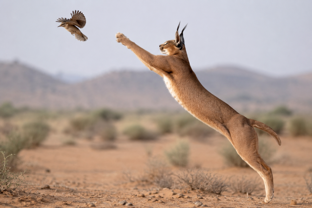Caracal Asia Nyaris Punah di India Ternyata Masih Ada, Ini Faktanya 4 Caracal melompat menangkap burung.