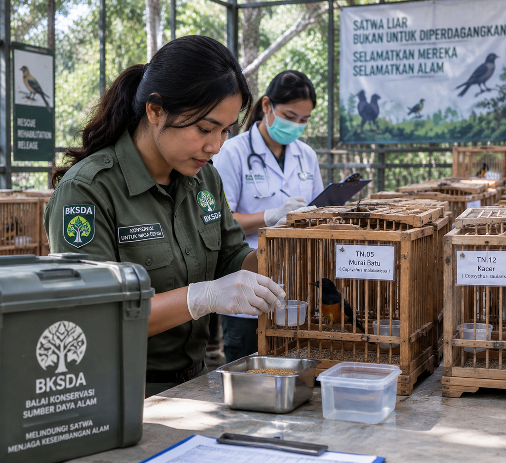 RUU Perlindungan Hewan Setahun Masuk Prolegnas, Ini Progresnya 5 Petugas BKSDA memeriksa kondisi kesehatan burung sitaan operasi penyelundupan ilegal di kandang transit.