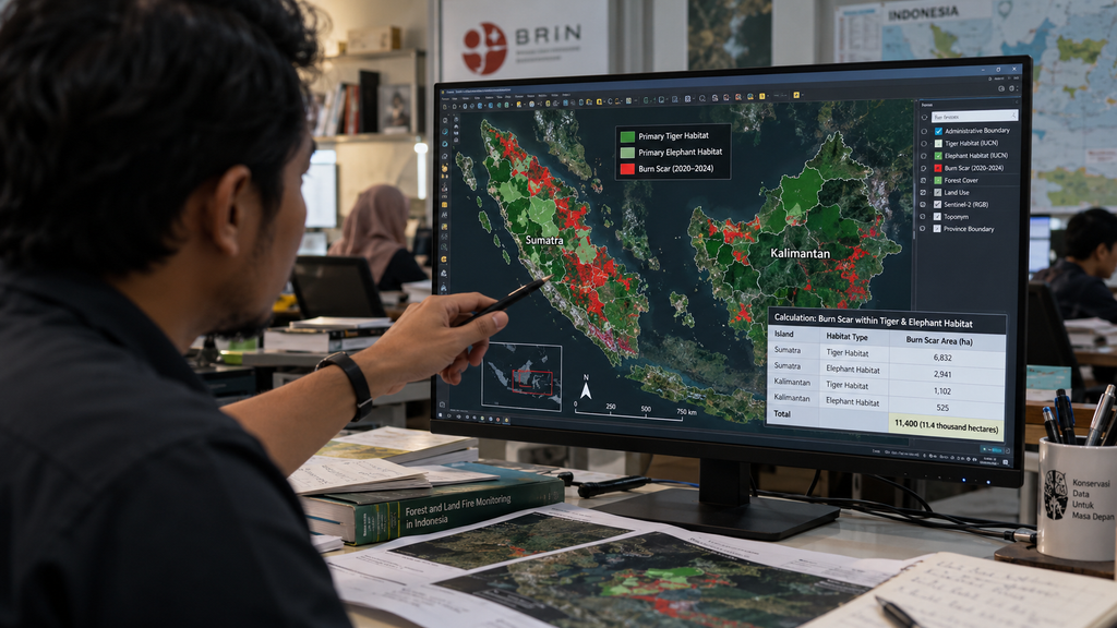 Awas, Karhutla 2026 Bakar 11,4 Ribu Hektare Habitat Satwa Ikonik 2 Tampilan peta analisis spasial Auriga Nusantara memperlihatkan batas habitat satwa ikonik yang tumpang tindih dengan area terbakar karhutla.