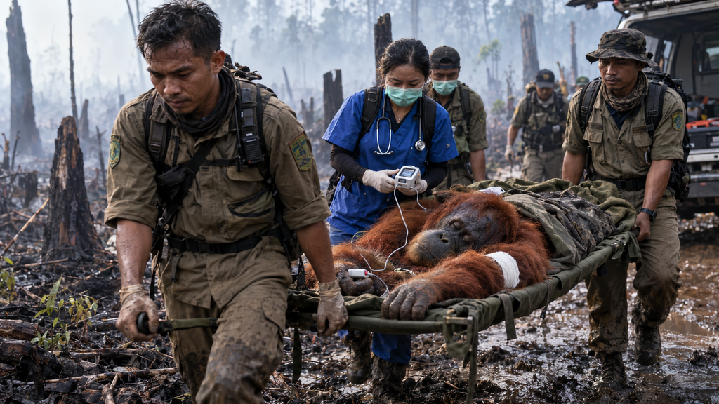 Awas, Karhutla 2026 Bakar 11,4 Ribu Hektare Habitat Satwa Ikonik 6 Tim dokter hewan BKSDA dan relawan mengevakuasi orangutan yang terdampak karhutla menggunakan tandu darurat di Kalimantan.