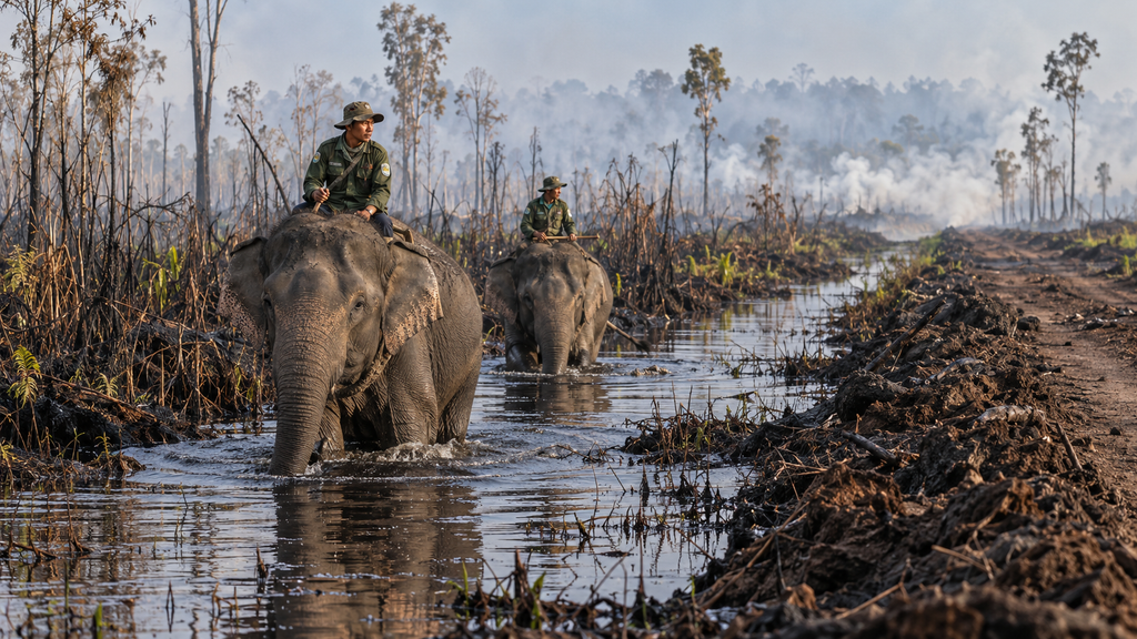 Awas, Karhutla 2026 Bakar 11,4 Ribu Hektare Habitat Satwa Ikonik 7 Kawanan gajah sumatra patroli dipandu mahout melintasi jalur sekat bakar rawa gambut di Suaka Margasatwa Padang Sugihan.