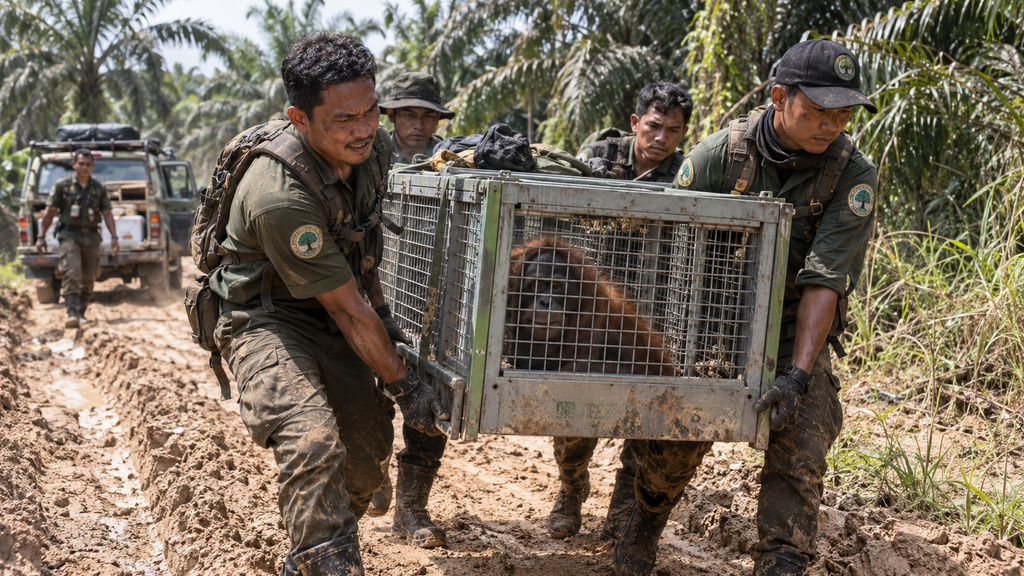 Orangutan Terdesak Api, 51 Individu Dievakuasi di Kalimantan Barat 2 Petugas konservasi membawa kandang evakuasi besi menyusuri jalan setapak di pinggiran perkebunan sawit.