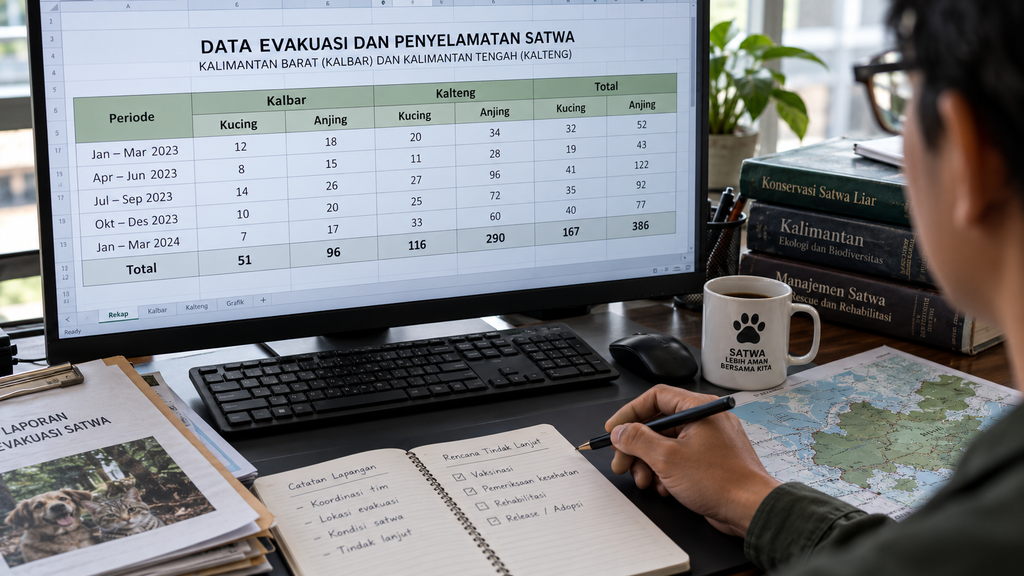 Orangutan Terdesak Api, 51 Individu Dievakuasi di Kalimantan Barat 5 Analis data memeriksa monitor yang menampilkan grafik statistik jumlah satwa liar yang dievakuasi lintas provinsi untuk menjelaskan perbedaan angka.