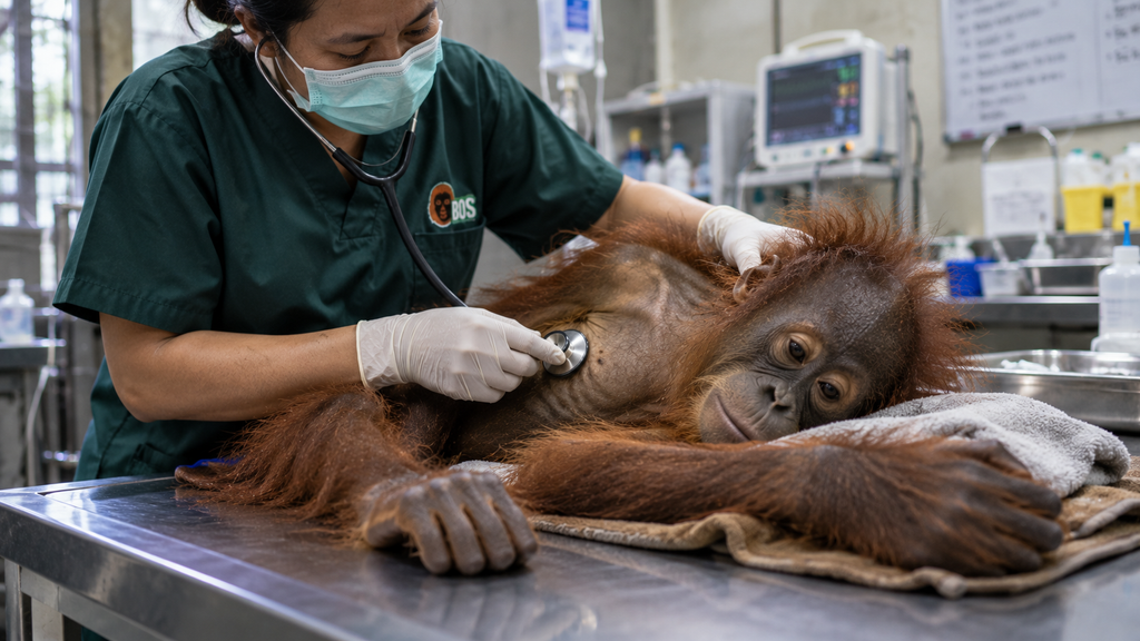Orangutan Terdesak Api, 51 Individu Dievakuasi di Kalimantan Barat 6 Dokter hewan memeriksa kondisi fisik orangutan remaja yang tampak sangat kurus dan dehidrasi di atas meja klinik sementara.