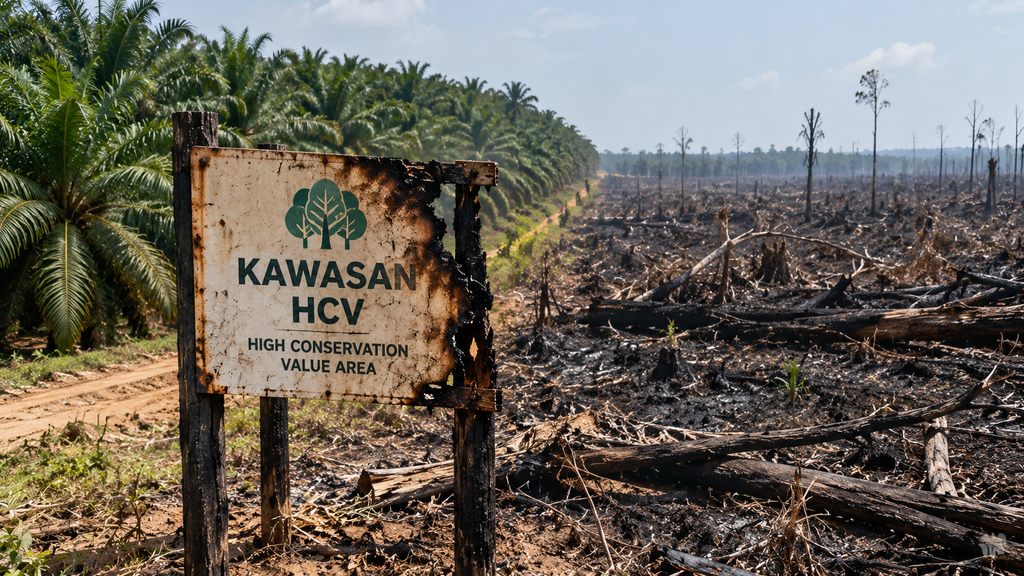 Orangutan Terdesak Api, 51 Individu Dievakuasi di Kalimantan Barat 7 Papan peringatan batas Kawasan Bernilai Konservasi Tinggi (HCV) yang tampak hangus terbakar di tepi area perkebunan sawit.