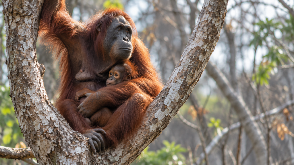 Orangutan Terdesak Api, 51 Individu Dievakuasi di Kalimantan Barat 9 Induk orangutan memeluk erat anaknya sambil bertengger di batang pohon yang mengering, merepresentasikan lambatnya laju reproduksi spesies yang rentan ini.