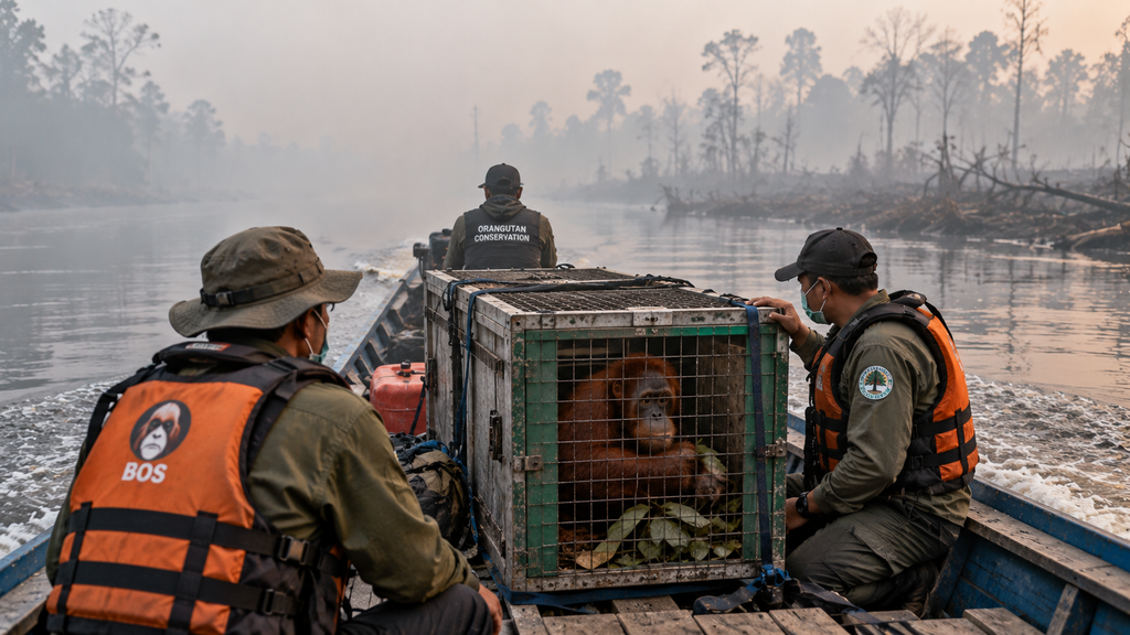 Orangutan Terdesak Api, 51 Individu Dievakuasi di Kalimantan Barat 10 Tim penyelamat mengevakuasi seekor orangutan menggunakan perahu klotok kayu menyusuri sungai berasap di Kalimantan Tengah.