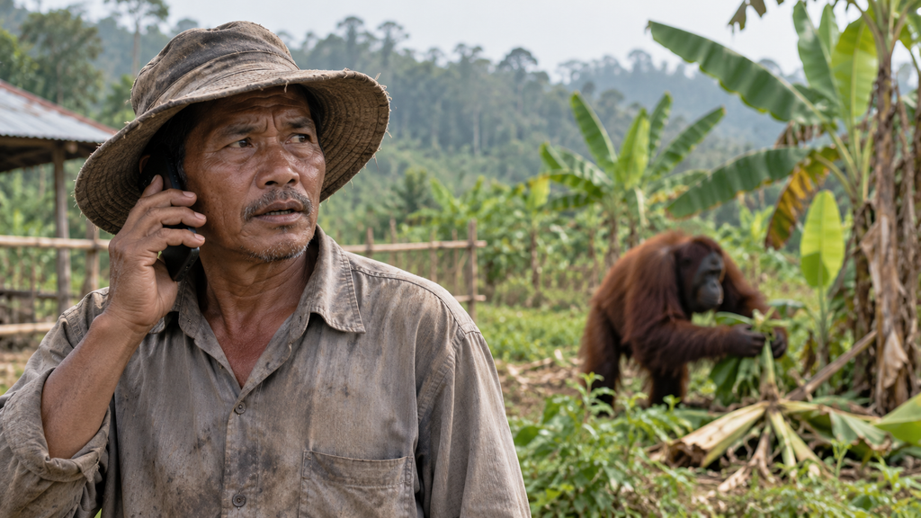 Orangutan Terdesak Api, 51 Individu Dievakuasi di Kalimantan Barat 12 Seorang petani desa menjaga jarak aman dari seekor orangutan yang masuk ke kebunnya sambil menelepon nomor darurat BKSDA.