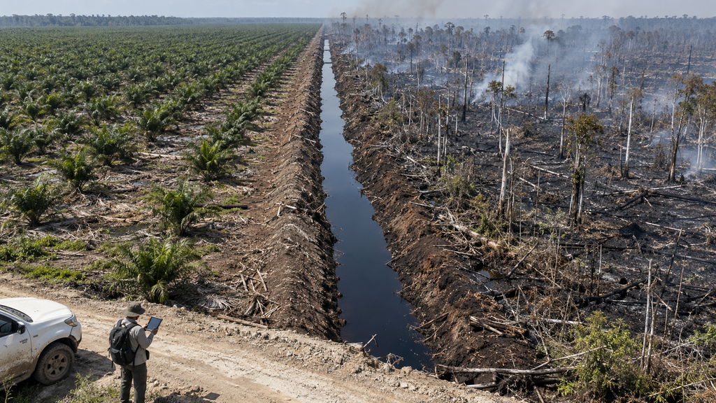 Awas, Karhutla 2026 Bakar 11,4 Ribu Hektare Habitat Satwa Ikonik 8 Perbatasan antara perkebunan kelapa sawit monokultur dan hutan alam yang hangus terbakar menunjukkan kontras pembukaan lahan.