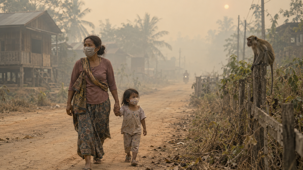 Awas, Karhutla 2026 Bakar 11,4 Ribu Hektare Habitat Satwa Ikonik 9 Suasana permukiman desa pinggir hutan terselimuti kabut asap karhutla pekat mengganggu pernapasan warga dan memaksa satwa mendekat.