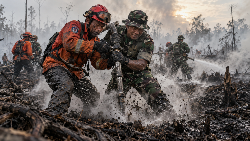 Awas, Karhutla 2026 Bakar 11,4 Ribu Hektare Habitat Satwa Ikonik 10 Personel gabungan Manggala Agni, TNI, dan BPBD berjibaku menyemprotkan air memadamkan api bawah tanah di lahan gambut.