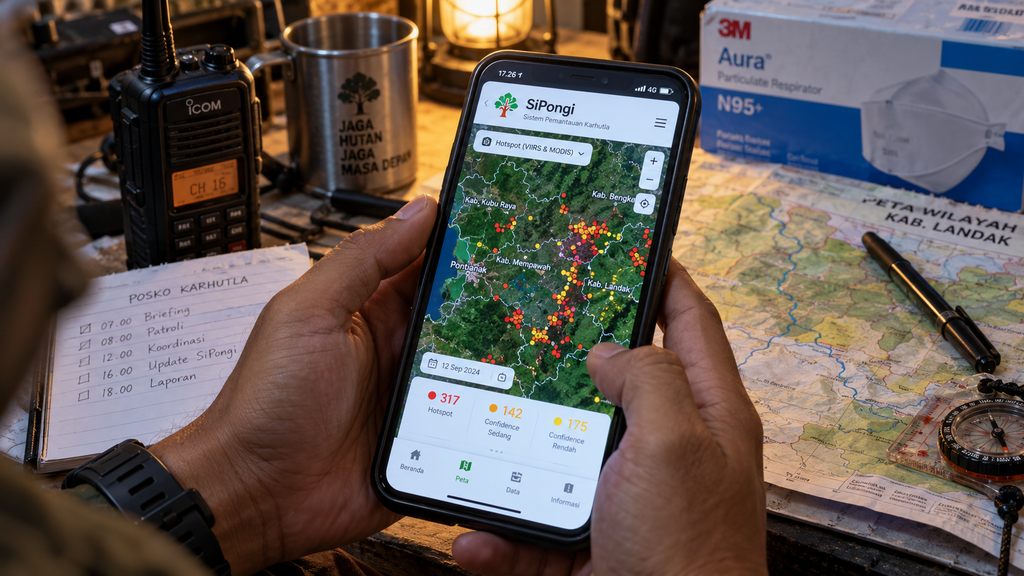 Awas, Karhutla 2026 Bakar 11,4 Ribu Hektare Habitat Satwa Ikonik 11 Relawan konservasi muda memeriksa koordinat titik api melalui aplikasi SiPongi pada smartphone di posko siaga desa.