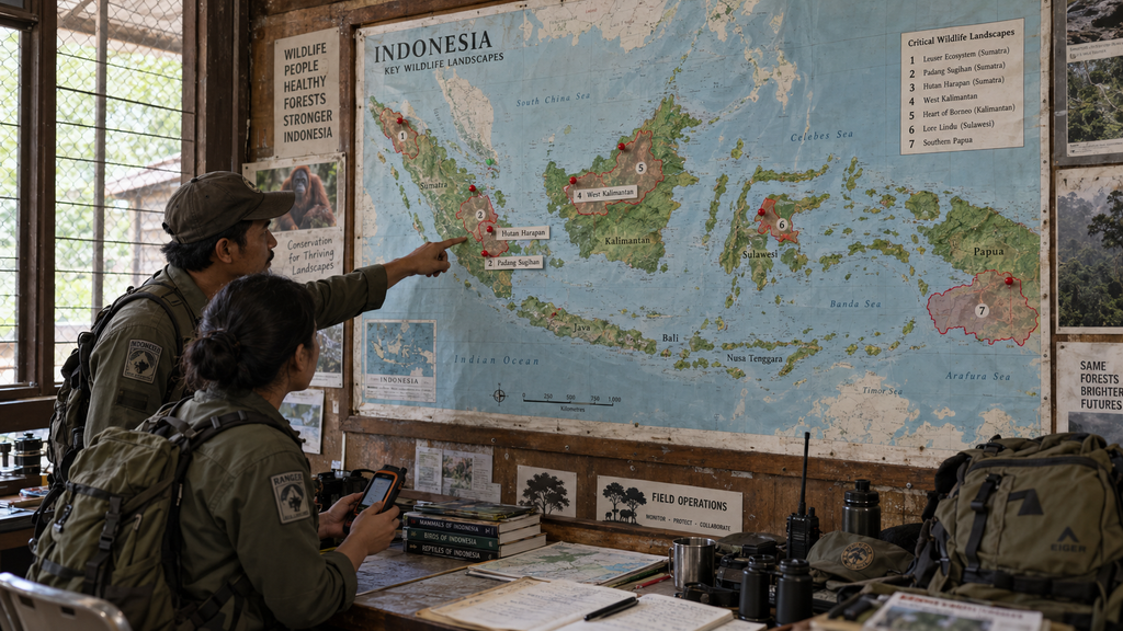 Awas, Karhutla 2026 Bakar 11,4 Ribu Hektare Habitat Satwa Ikonik 5 Peta dinding konservasi memperlihatkan tujuh lanskap prioritas karhutla dari Kalimantan Barat, Riau, hingga Suaka Margasatwa Padang Sugihan.